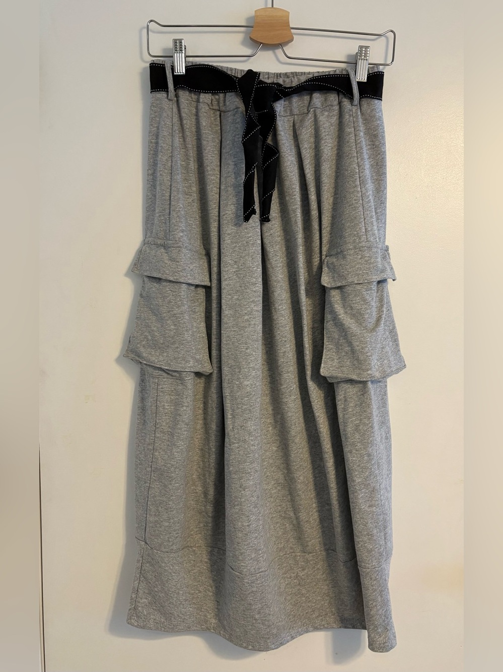 Casual Gray Tiered Pocket Skirt with Black Drawstring